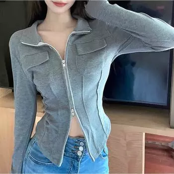 Американское серое пальто высокого класса для весны и осени для женщин с приталенным дизайном и узкий кардиган для горячей девушки pure desire короткий топ M