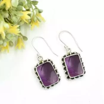 Amethyst Earring 925 Sterling Silver Earring Baguette Cut Gemstone Earring
