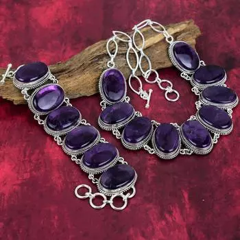 Аметистовый драгоценный камень ручной работы 925 пробы, серебряные украшения, изумительный комплект ожерелья и браслета для свадебного подарка Adjustable With 8 -18 фиолетовый