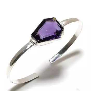 Amethyst Gemstone Handmade 925 Sterling Silver Cuff Bangle Adjustable O1Z90