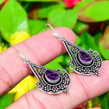 Amethyst Gemstone Handmade 925 Sterling Silver Jewelry Earring 1.97 h2K63
