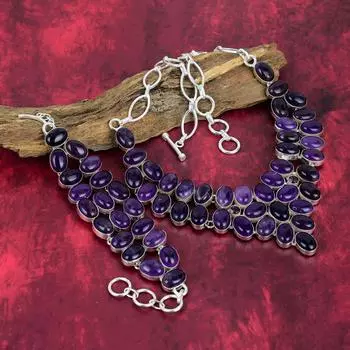 Ювелирные изделия с аметистовым камнем, браслет из стерлингового серебра 925 пробы, подарок для женщин, комплект украшений из браслета и ожерелья ручной работы Adjustable With 8 -18 фиолетовый