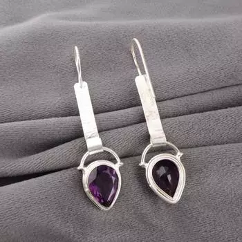 Аметист Драгоценный камень 925 Проба Серебро Ювелирные изделия Ручной работы Серьги 2,3 Подарок на День святого Валентина EE-166-6