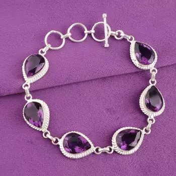 Аметист Драгоценный камень 925 Проба Серебро Ручная работа Ювелирные изделия Уникальный Браслет для Женщин RB-15-7