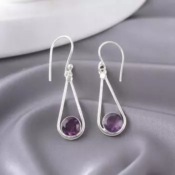 Аметист Драгоценный камень 925 Стерлинговое серебро Ювелирные изделия Ручной работы Серьги-капли/подвески 1,76 EE-126-1