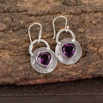 Аметист Драгоценный камень 925 Стерлинговое серебро Ювелирные изделия Ручной работы Серьги 1,30 Для женщин EE-63-10
