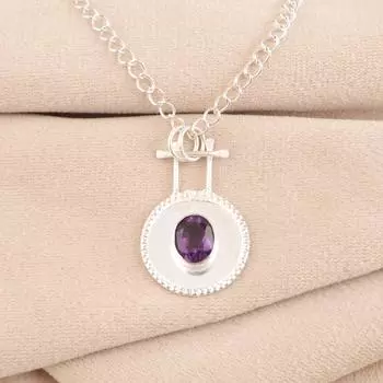 Аметист Драгоценный камень 925 Стерлинговое серебро Ювелирные изделия Ручной работы Ободковая закрепка Подвеска 1.4 PP-57-12