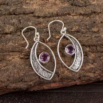 Аметист Драгоценный камень 925 Стерлинговое серебро Ювелирные изделия Ручной работы Женский подарок Серьги 1,60 EE-61-5