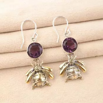 Аметист Драгоценный камень 925 Стерлинговое серебро Ювелирные изделия Ручной работы Женский подарок Серьги 2 EE-154-9