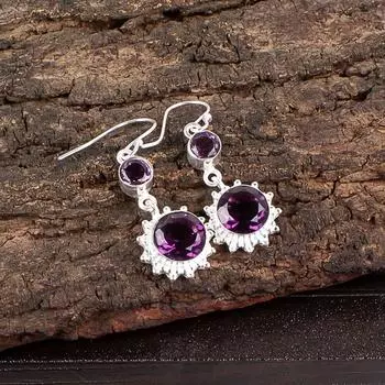Аметист Драгоценный камень 925 Стерлинговое серебро Ручной работы Серьги-подвески 1,80 Подарок EE-13-7