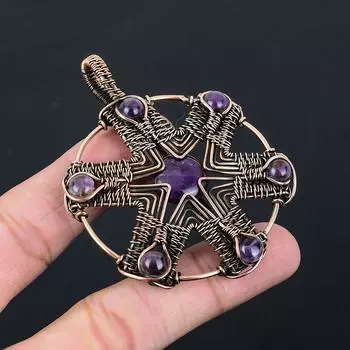 Аметист Драгоценный камень Чистая медная проволока Обернутая ювелирная подвеска ручной работы 3.07 Inches фиолетовый