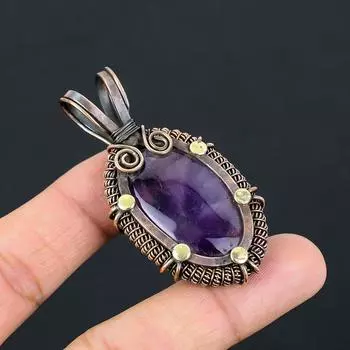 Аметист Драгоценный камень Чистая медная проволока Обернутая ювелирная подвеска ручной работы 2.48 Inches фиолетовый