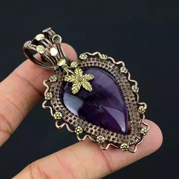 Аметист Драгоценный камень Медная проволока Обертывание ручной работы Подвеска Ювелирные изделия для нее 2.76 Inches фиолетовый