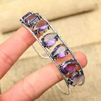 Аметист Драгоценный камень ручной работы 925 Твердый браслет из стерлингового серебра для свадебного подарка