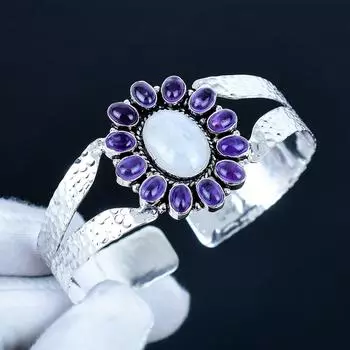 Аметист Драгоценный камень Ручной работы Манжета Браслет 925 Стерлинговое серебро Манжета Браслет, Радужный Лунный камень Форма цветка Браслет для жены, Унисекс Браслет 7 фиолетовый