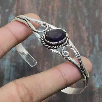 Аметист Драгоценный камень Стерлинговое серебро 925 пробы Ручная работа Ювелирный браслет-манжета Регулируемый для нее Adjustable фиолетовый