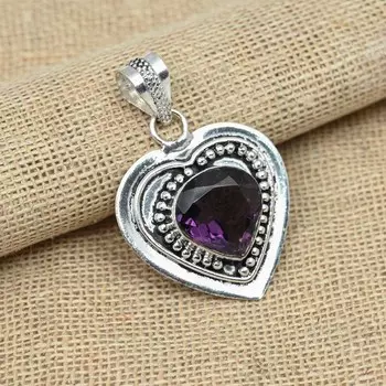 Аметист Драгоценный камень стерлингового серебра 925 пробы Ювелирные изделия ручной работы Античный кулон 1.77 Inches фиолетовый