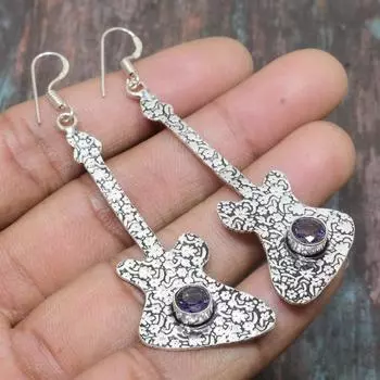 Аметист Драгоценный камень Твердый стерлингового серебра 925 пробы Красивые ювелирные серьги ручной работы 2.96 Inches фиолетовый