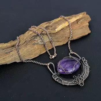 Аметист Драгоценный Камень Удивительное Медное Проволочное Ожерелье Ручной Работы Ювелирные Изделия Для Нее 18 Inches With Adjustable фиолетовый