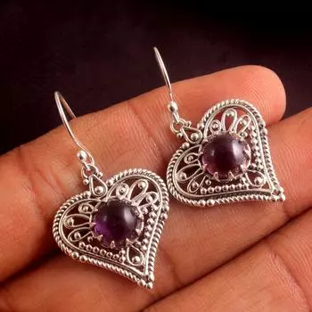 Аметист Февральский Камень Сердце Серьги 100% Стерлингового Серебра 925 Пробы Женские Твердые Ювелирные Изделия фиолетовый