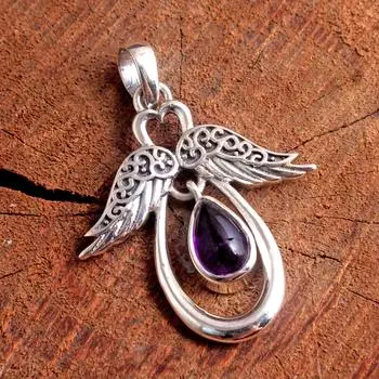 Аметист Кианит Лунный Камень Крылья Ангела Подвеска 100% Стерлингового Серебра 925 Ювелирные Изделия Подвеска Рейки фиолетовый