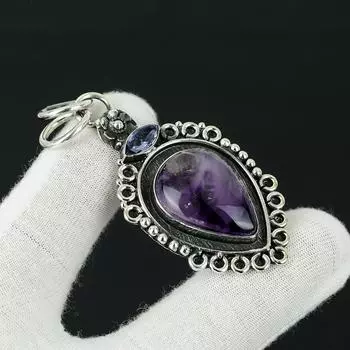 Аметист, серебряный кулон с драгоценным камнем голубой топаз, ювелирный кулон из стерлингового серебра 925 пробы, кулон из натурального аметиста для женщин, кулон для подарков 2.55