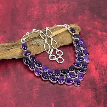 Аметистовое ожерелье из стерлингового серебра 925 пробы с регулируемой цепочкой, ювелирное ожерелье ручной работы с драгоценными камнями на День памяти Adjustable With 18 Inches синий