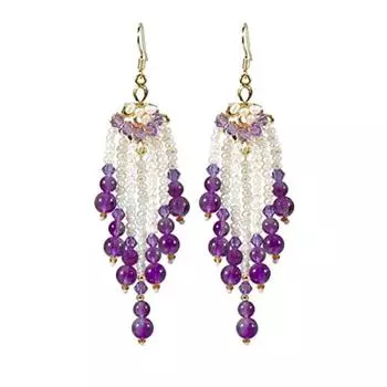 Аметистовые серьги-люстры с подвесками, крючки, фиолетовая бахрома, длинные, богемные, ручная работа, жемчужные капли для женщин A pair of earrings.