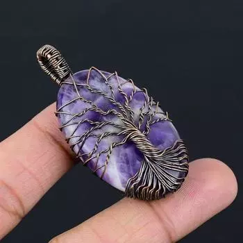 Аметистовый кулон «Дерево жизни», медная проволочная подвеска, аметистовый драгоценный камень, медный кулон ручной работы, подарок для нее, аметистовые украшения фиолетовый