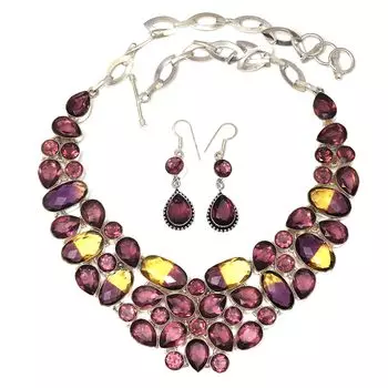 Аметрин, рубилит, ограненные драгоценные камни, ожерелье и серьги 18-20