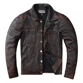 Ami Khaki Leaked Denim Leather Jacket Куртка из натуральной воловьей кожи первого слоя Мужская потертая куртка Old American S