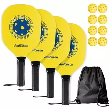 Amicoson Pickleball Paddles Set of 4 Pickleball Wooden для игры в помещении и на открытом воздухе Pickleball Set of 4 Pickleball Pickleball Racket Ergonomic Cushion 8 Pickleball жёлтый
