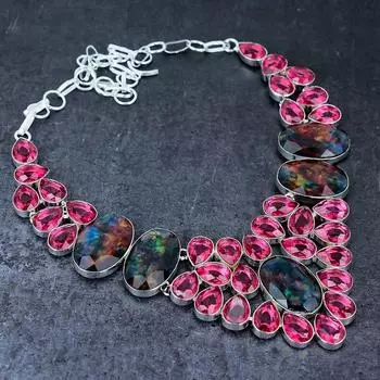 Аммолит, рубиллит, ручная работа, серебряное ожерелье 925 пробы, 18 дюймов, R3B80