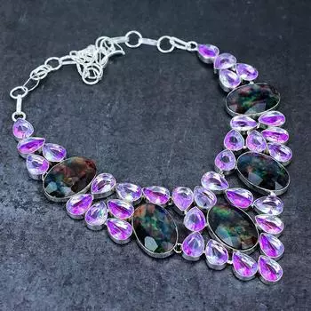 Аммолит, турмалин, ручная работа, серебряное ожерелье 925 пробы, 18 дюймов, p7h18