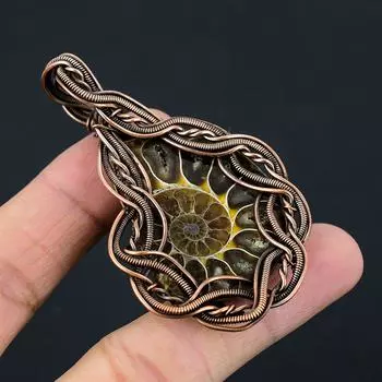 Аммонит ископаемый драгоценный камень медная проволока обертка ручной работы кулон ювелирный подарок для женщины 2.87 Inches зелёный