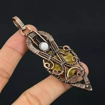 Аммонит ископаемый драгоценный камень медная проволока обертывание ручной работы кулон ювелирный подарок 3.66 Inches зелёный