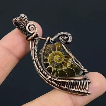 Аммонит ископаемый драгоценный камень медная проволока обертывание ювелирные изделия ручной работы красивый кулон подарок для любви 2.79 Inches зелёный
