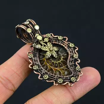 Аммонит ископаемый драгоценный камень медная проволока обертывание ручной работы кулон ювелирный подарок 2.36 Inches зелёный