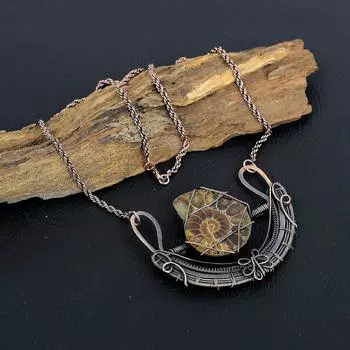 Аммонит ископаемый драгоценный камень ювелирные изделия ручной работы медная проволока обертка дизайнерское ожерелье для свадебного подарка 18 Inches With Adjustable коричневый