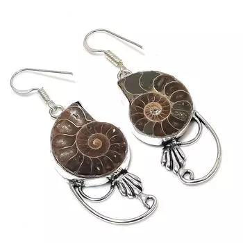 Аммонит ископаемый драгоценный камень ювелирные изделия ручной работы из стерлингового серебра 925 пробы серьги 2.25 y8R34