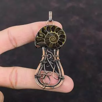 Аммонит Ископаемый Медный Кулон Медная Проволока Ювелирные Изделия Подвеска Ручной Работы Высокое Качество Ювелирные Изделия Из Драгоценных Камней Проволочная Подвеска Подарок Для Него