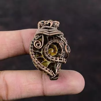 Аммонит ископаемый медный кулон, медная проволока, обернутая ювелирным изделием, драгоценный камень, женский кулон, ювелирное изделие ручной работы, обернутая проволокой подвеска, подарок для него