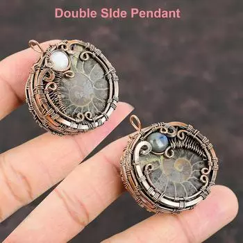 Аммонит Ископаемый Медный Кулон Медная Проволока Обернутый Кулон Радуга Ювелирные Изделия из Лунного Камня Кулон Ручной Работы Для Подарка Лабрадорит Драгоценный Камень Ювелирные Изделия