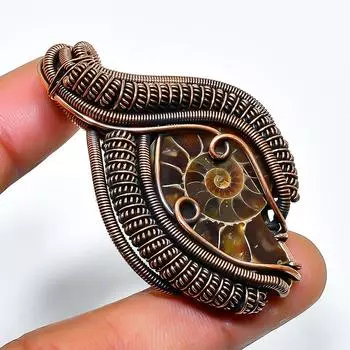 Аммонит окаменелый драгоценный камень, ручная работа, медная проволочная обертка, кулон 1,77 дюйма 1.77 коричневый