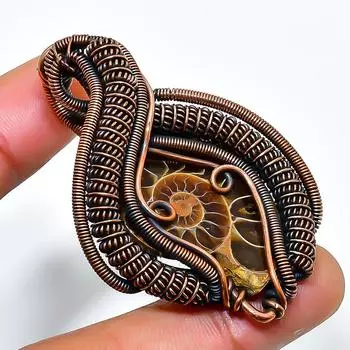 Ювелирный кулон ручной работы из медной проволоки, ископаемый драгоценный камень аммонит, 2,09 дюйма 2.09 коричневый