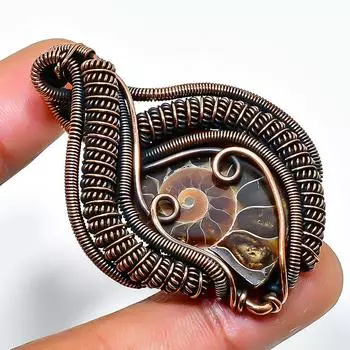 Аммонит окаменелый драгоценный камень, ручная работа, медная проволочная обертка, кулон 1,77 дюйма 1.77 коричневый