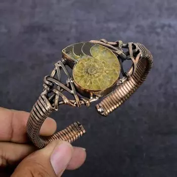 Ammonite Fossil Gemstone Handmade Copper Wire Wrap Cuff Bangle Adjustable M6V28