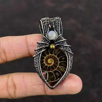 Ammonite Fossil Pendant Copper Wire Wrapped Pendant Rainbow Moonstone Pendant Handmade Copper Wire Wrap Jewelry Gemstone Pendants For Gift