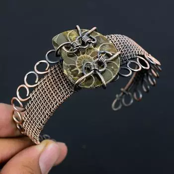 Ammonite Fossil Pure Copper Wire Wrapped Ювелирные изделия ручной работы Браслет Регулируемый для подарка Adjustable зелёный