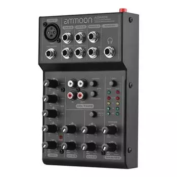 Ammoom AGM05 5-канальный мини-микшерный пульт, USB-аудиоинтерфейс, Plug-and-Play, +48 В фантомное питание чёрный
